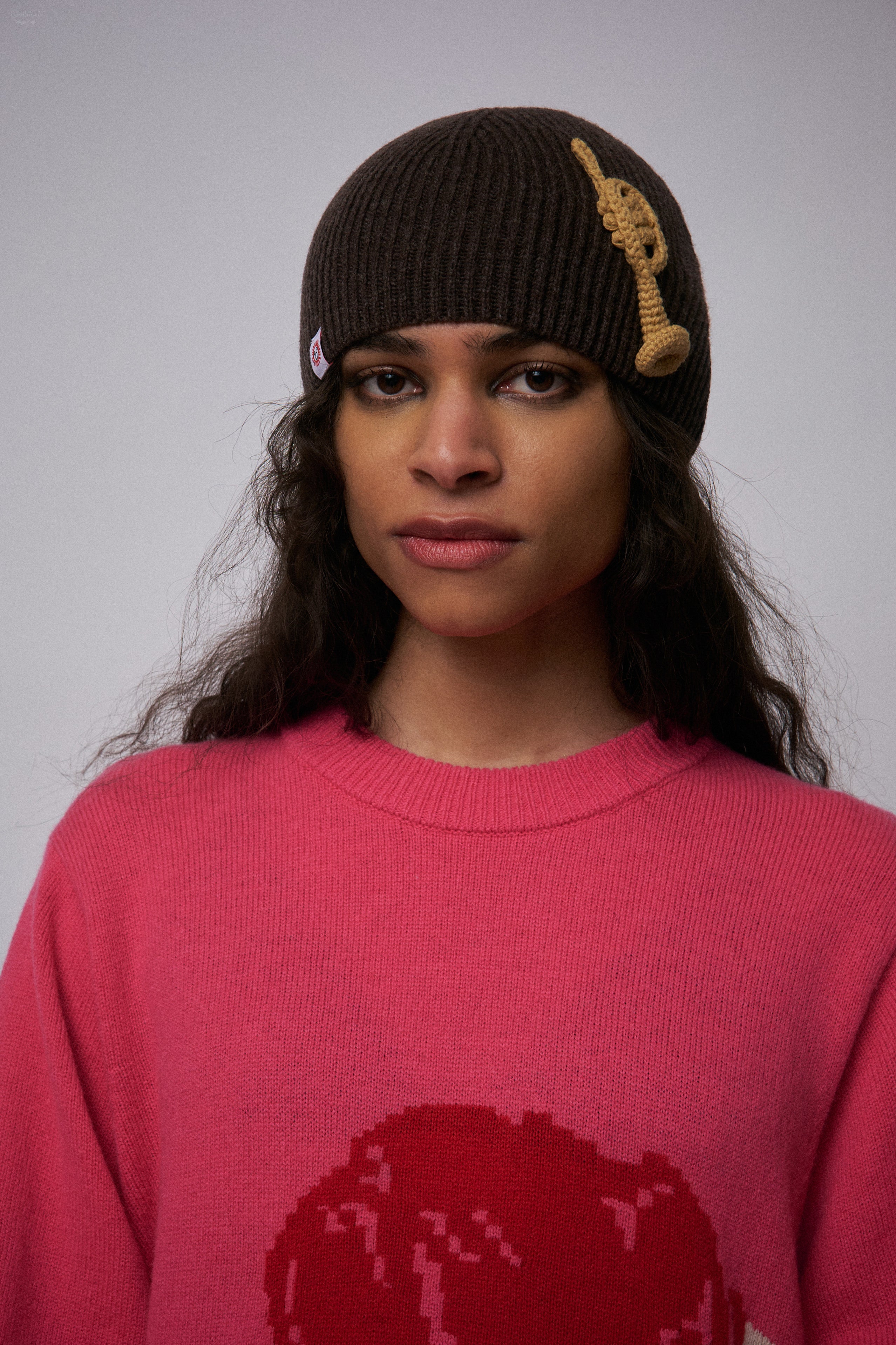 APPLIQUE RIB BEANIE in BROWN TRUMPET - Image 2