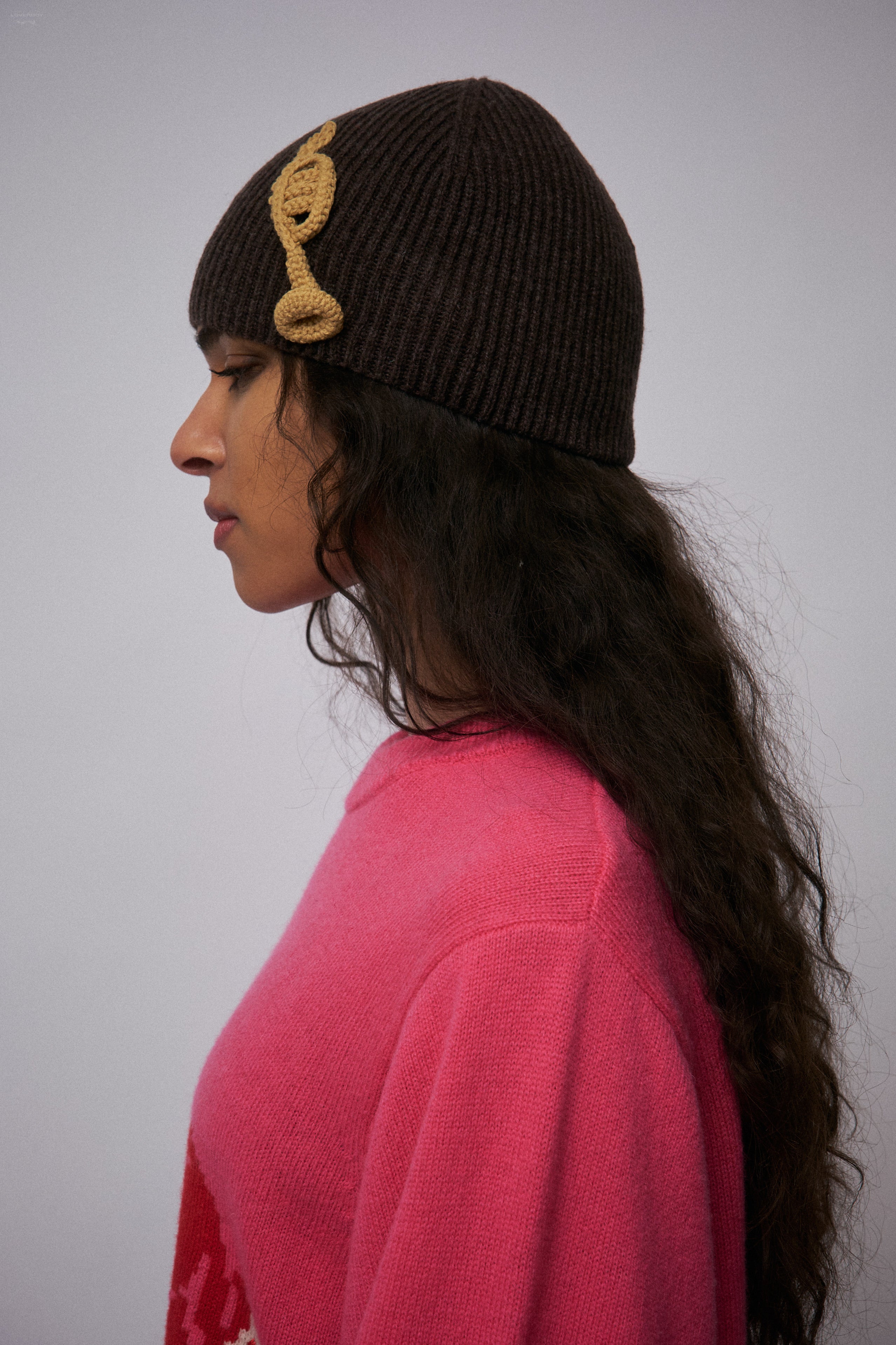 APPLIQUE RIB BEANIE in BROWN TRUMPET - Image 3