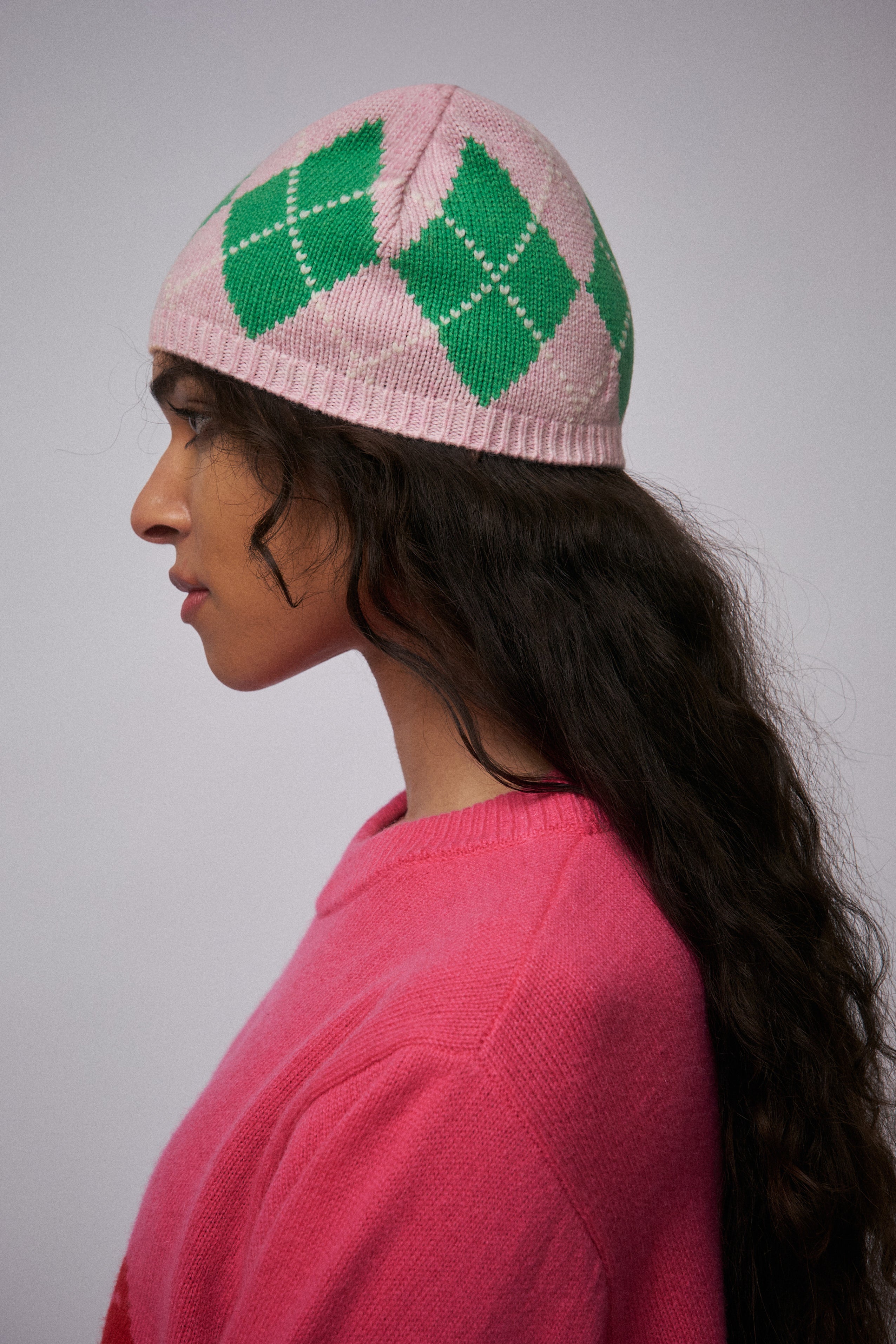 ARGYLE RIB BEANIE EXCLUSIVE in PINK GREEN - Image 3