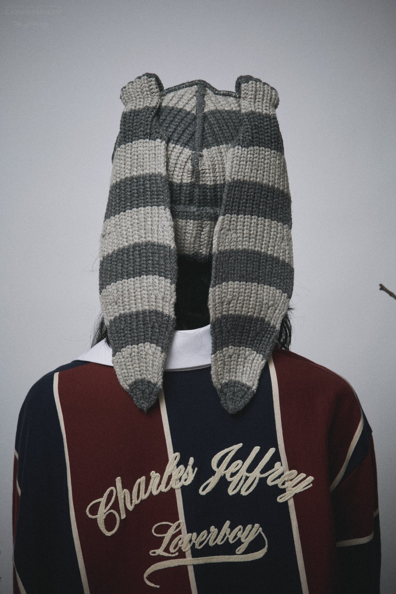 CHUNKY RABBIT BEANIE in GREY STRIPE - Image 3