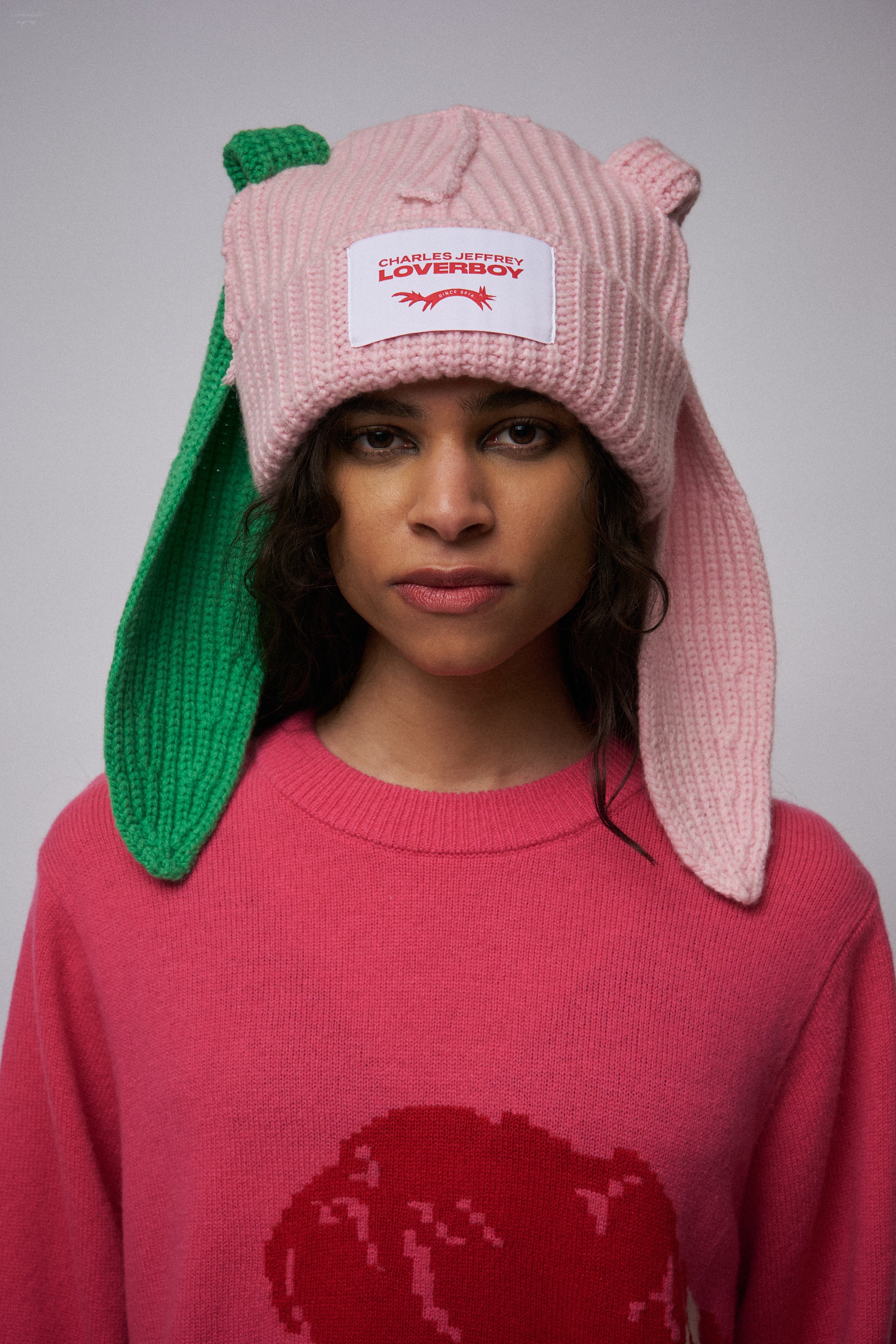 CHUNKY RABBIT BEANIE in PINK GREEN - Image 2