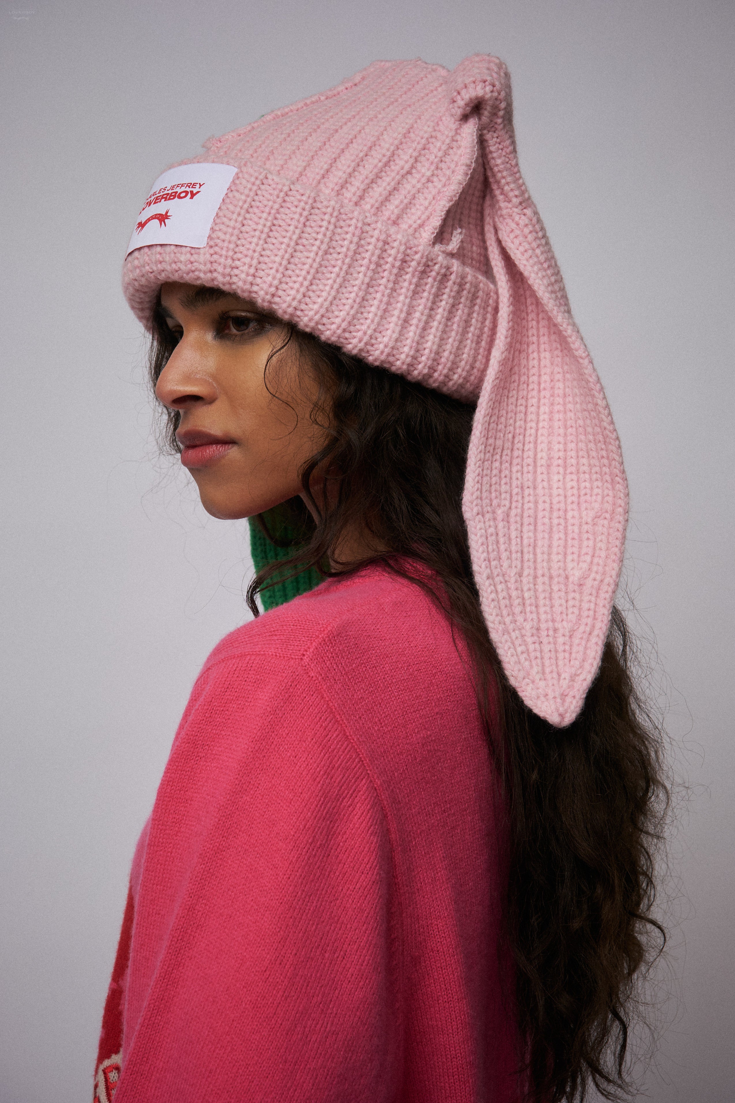 CHUNKY RABBIT BEANIE in PINK GREEN - Image 3