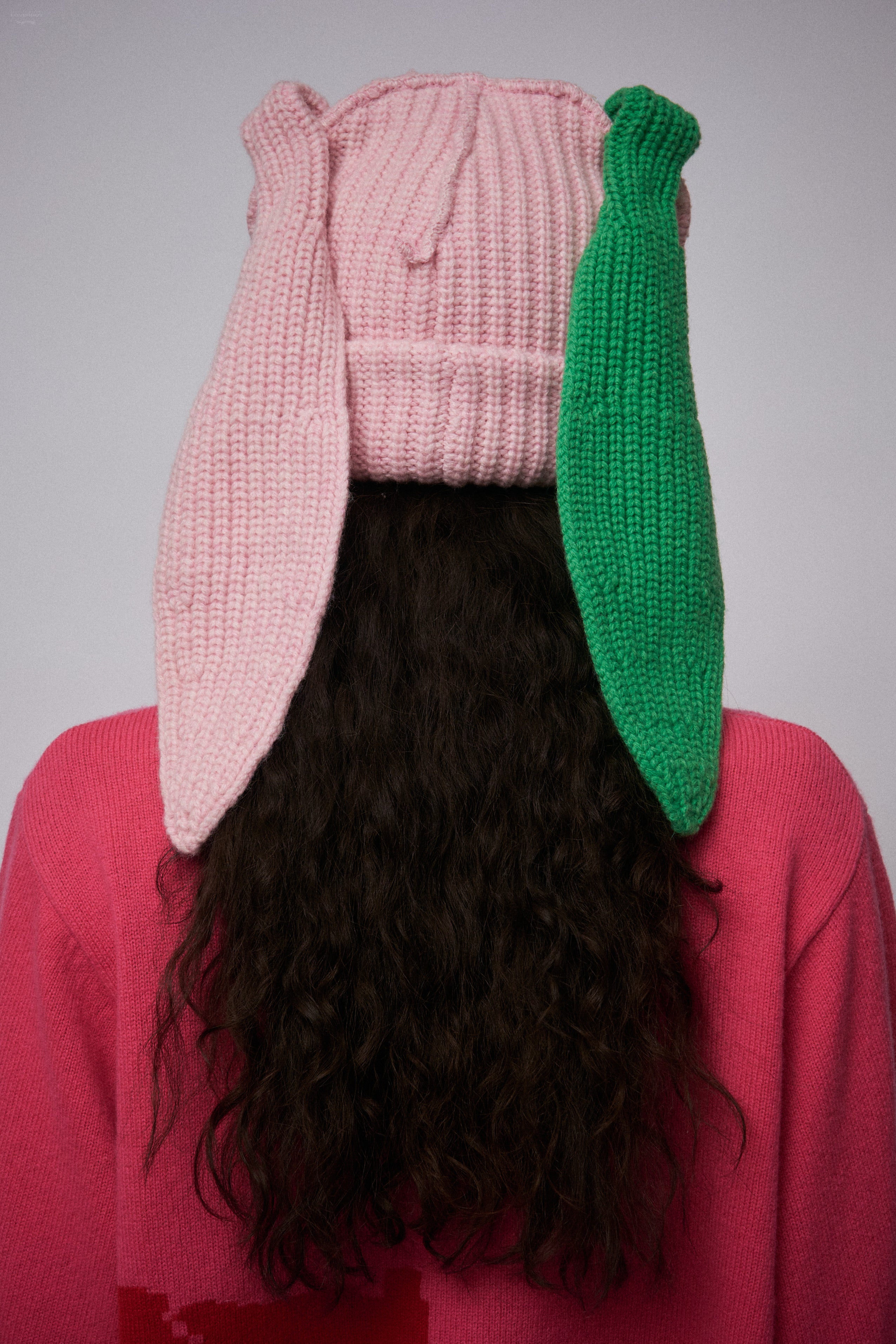 CHUNKY RABBIT BEANIE in PINK GREEN - Image 4
