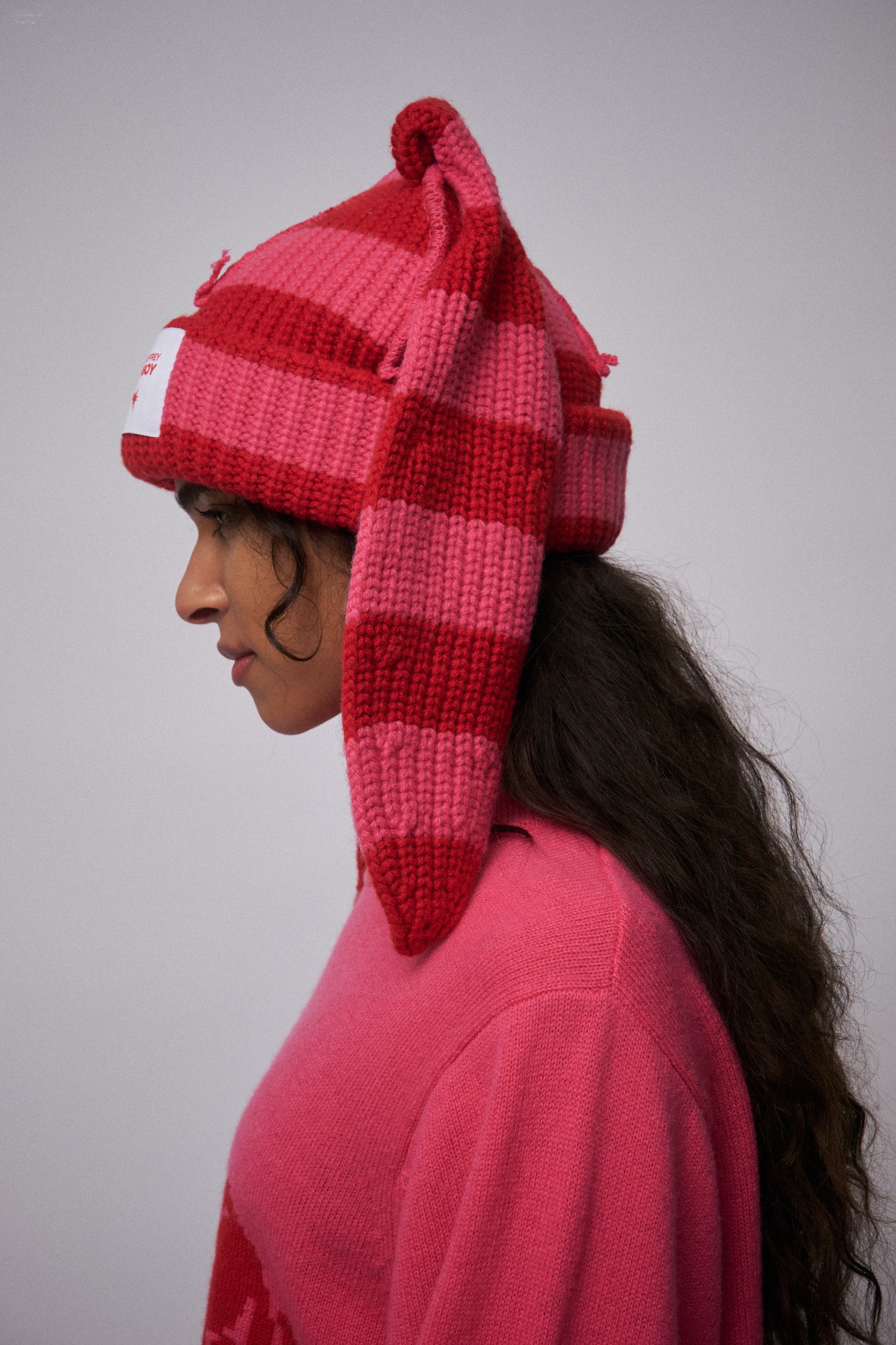 CHUNKY RABBIT BEANIE in RED PINK STRIPE - Image 3