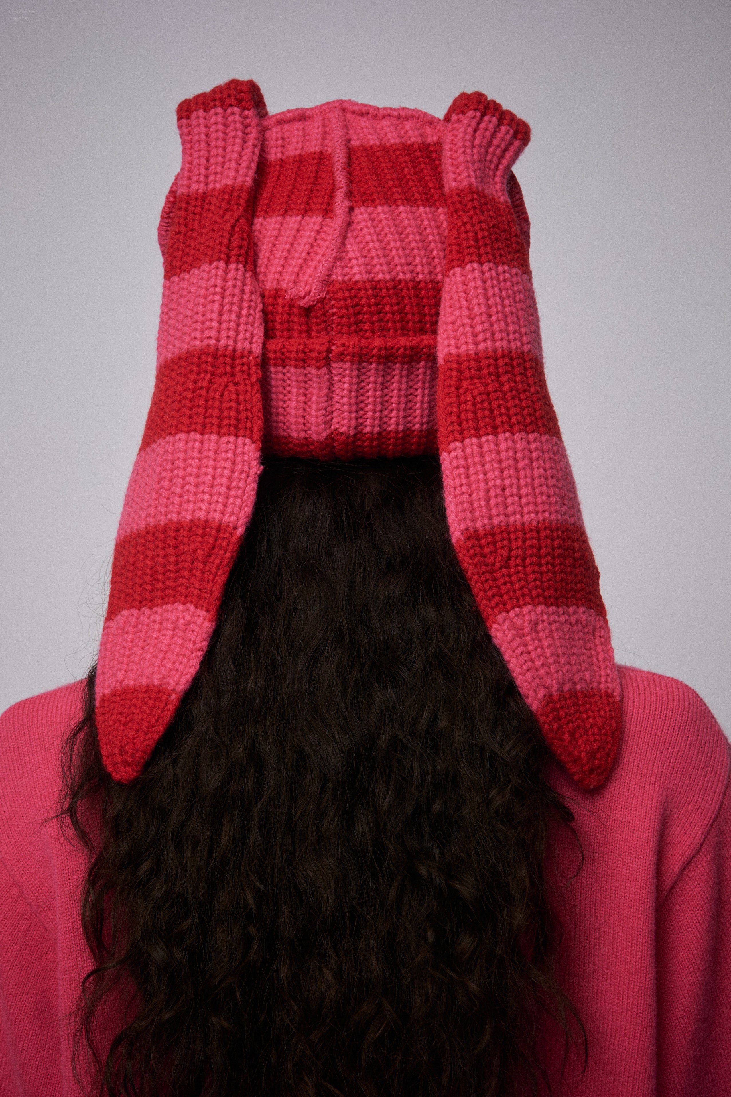 CHUNKY RABBIT BEANIE in RED PINK STRIPE - Image 4