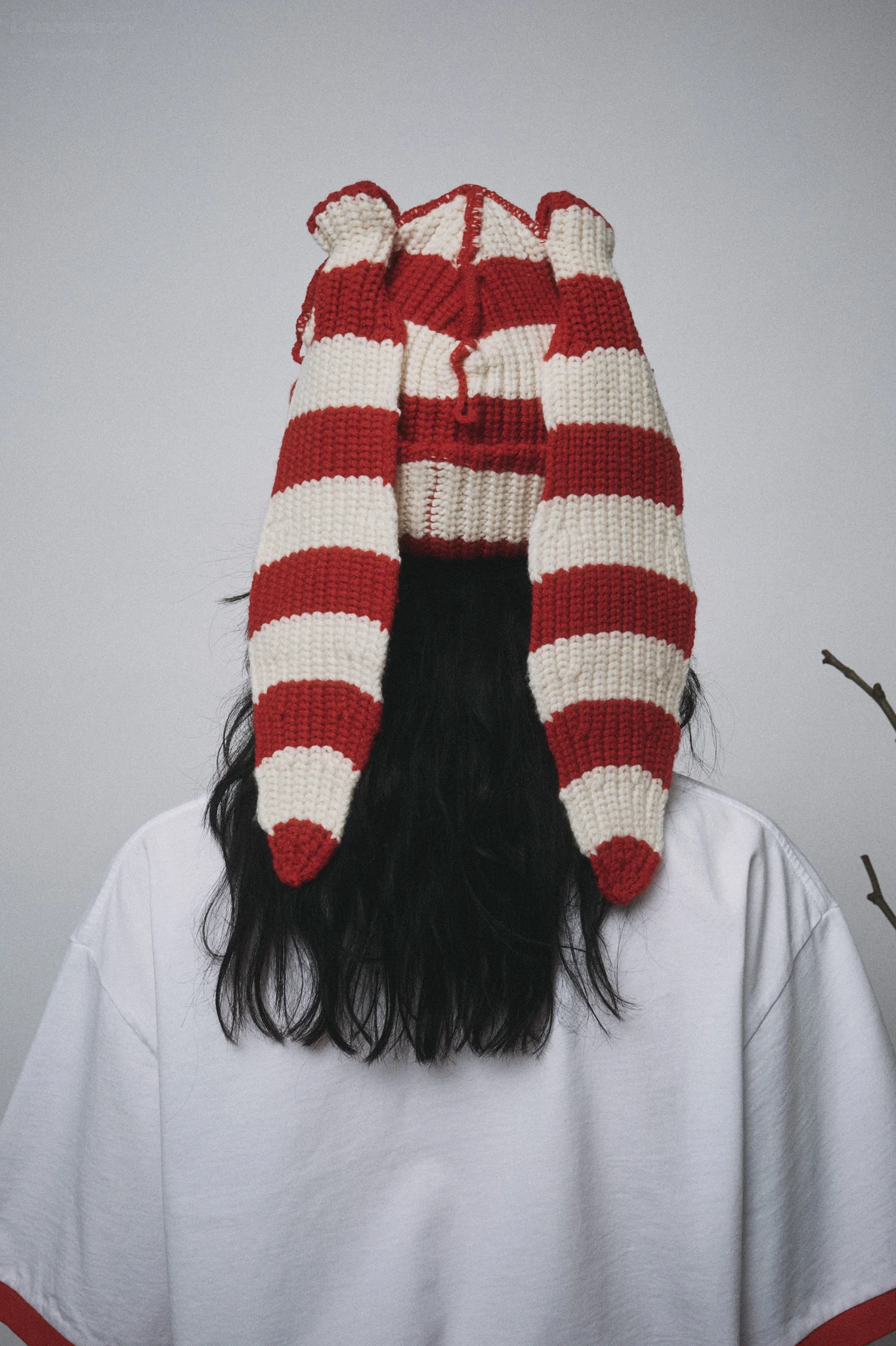 CHUNKY RABBIT BEANIE in RED WHITE STRIPE - Image 3