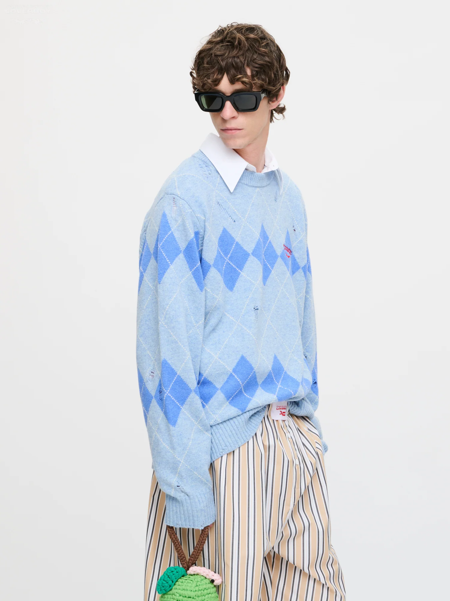 DISTRESSED ARGYLE SWEATER in LIGHT BLUE - Image 3