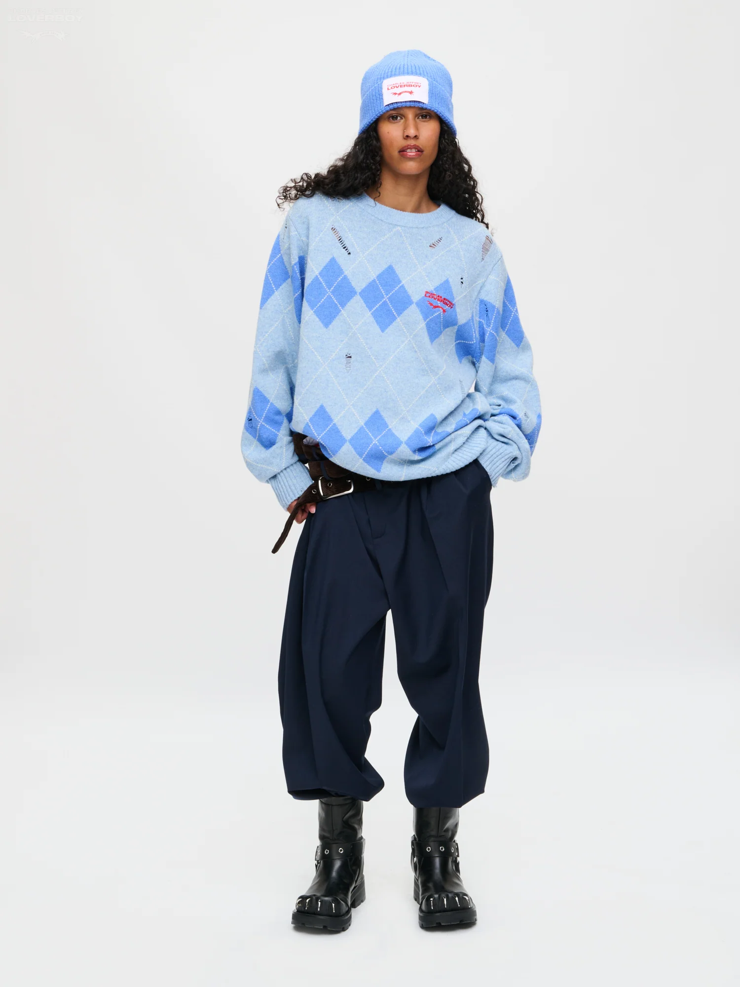 DISTRESSED ARGYLE SWEATER in LIGHT BLUE - Image 8