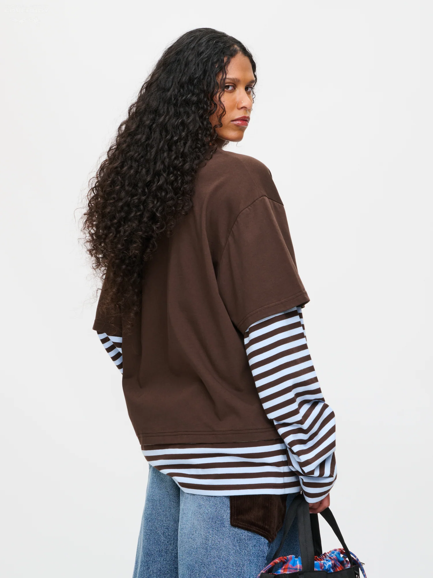 LONG SLEEVE 2-IN-1 TEE WITH KNIT PATCH in BROWN STRIPE - Image 3