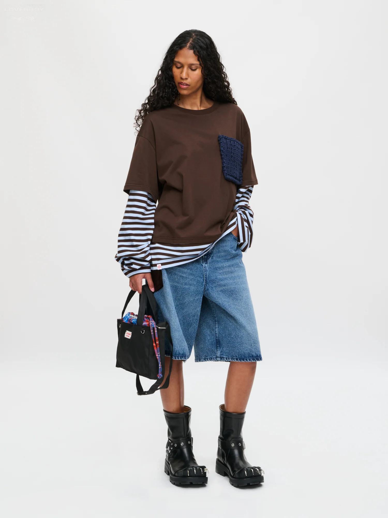 LONG SLEEVE 2-IN-1 TEE WITH KNIT PATCH in BROWN STRIPE - Image 4