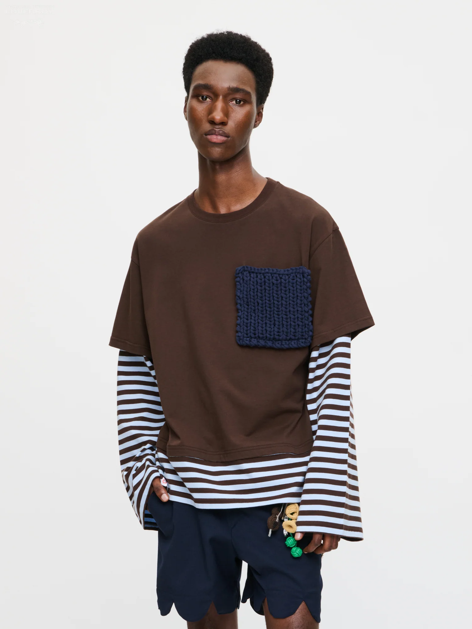 LONG SLEEVE 2-IN-1 TEE WITH KNIT PATCH in BROWN STRIPE - Image 5