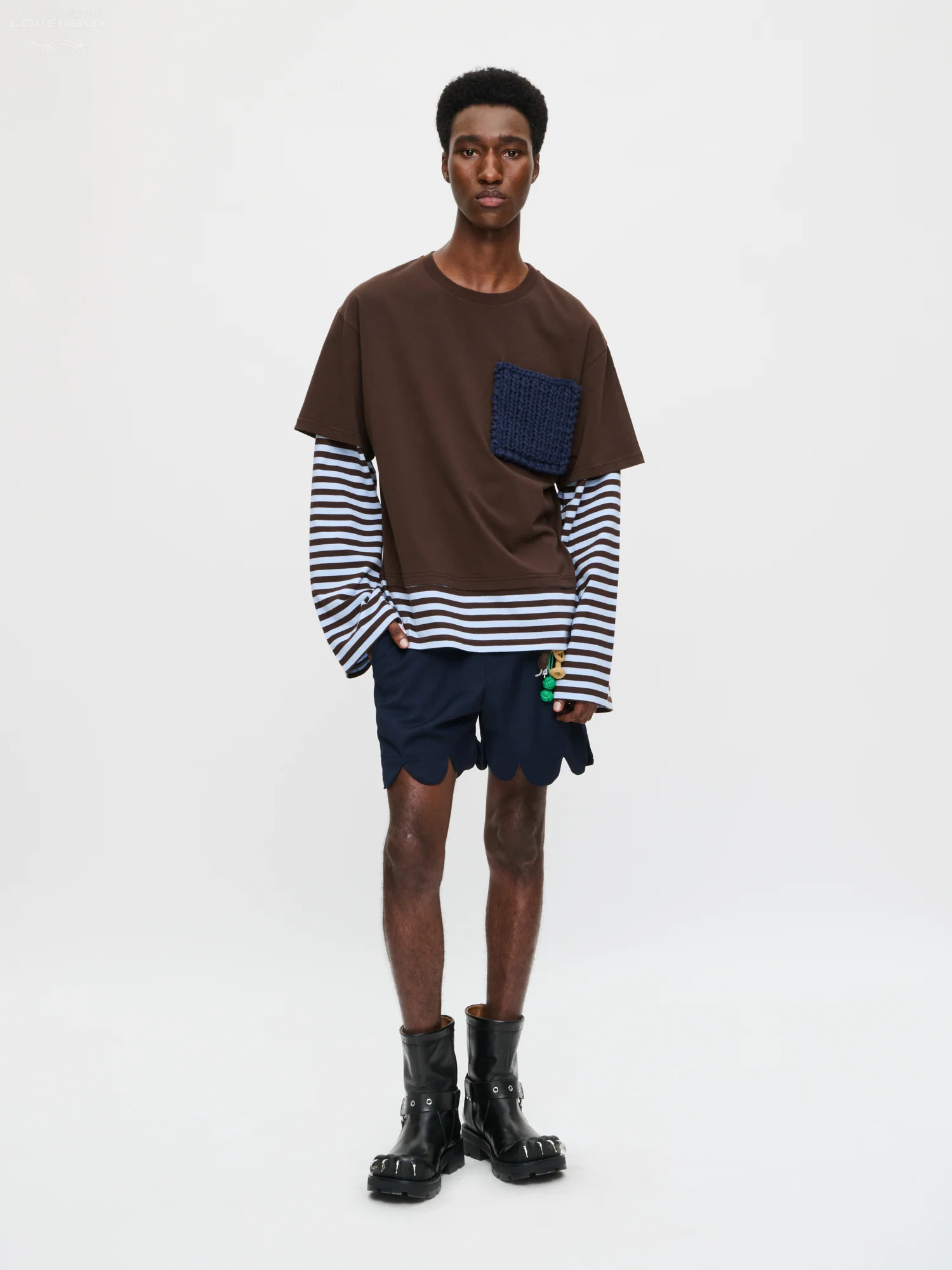 LONG SLEEVE 2-IN-1 TEE WITH KNIT PATCH in BROWN STRIPE - Image 7