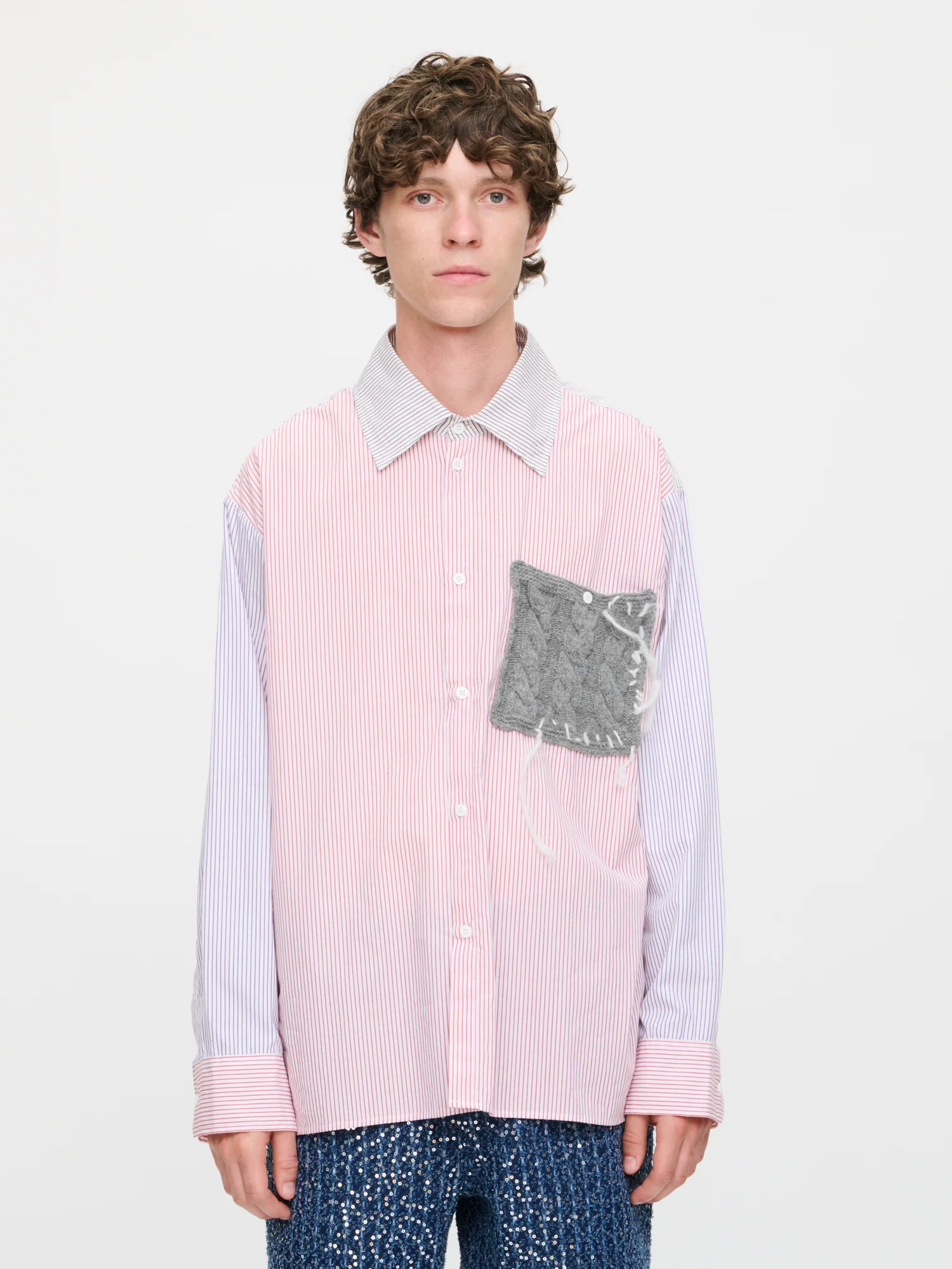 OVERSIZED LONG SLEEVE SHIRT WITH KNITTED PATCH in RED PURPLE KHAKI