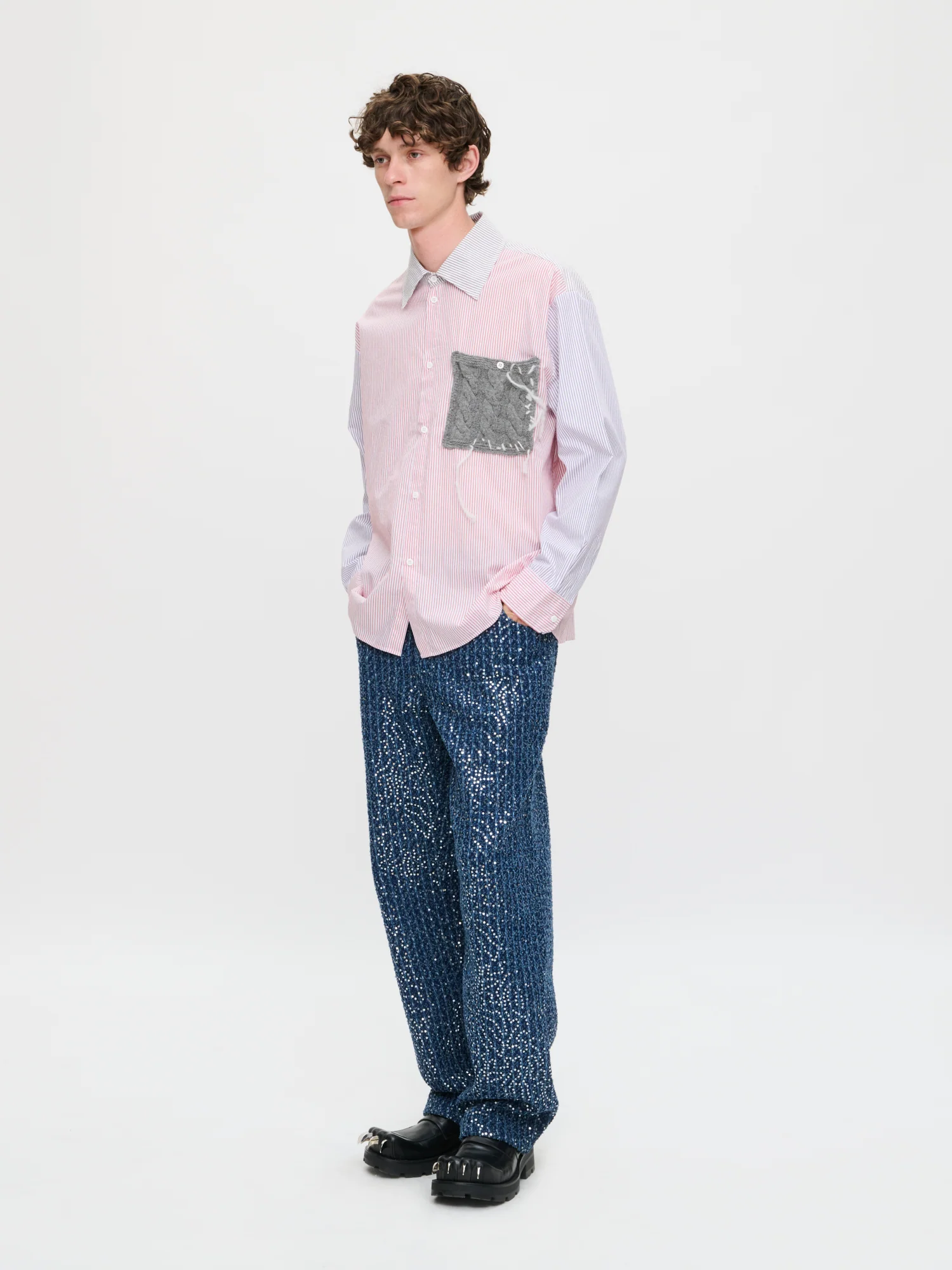 OVERSIZED LONG SLEEVE SHIRT WITH KNITTED PATCH in RED PURPLE KHAKI - Image 2