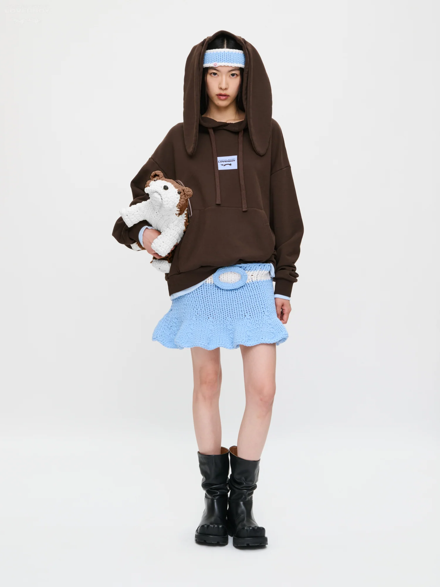RABBIT EARS HOODY in BROWN LIGHT BLUE - Image 4