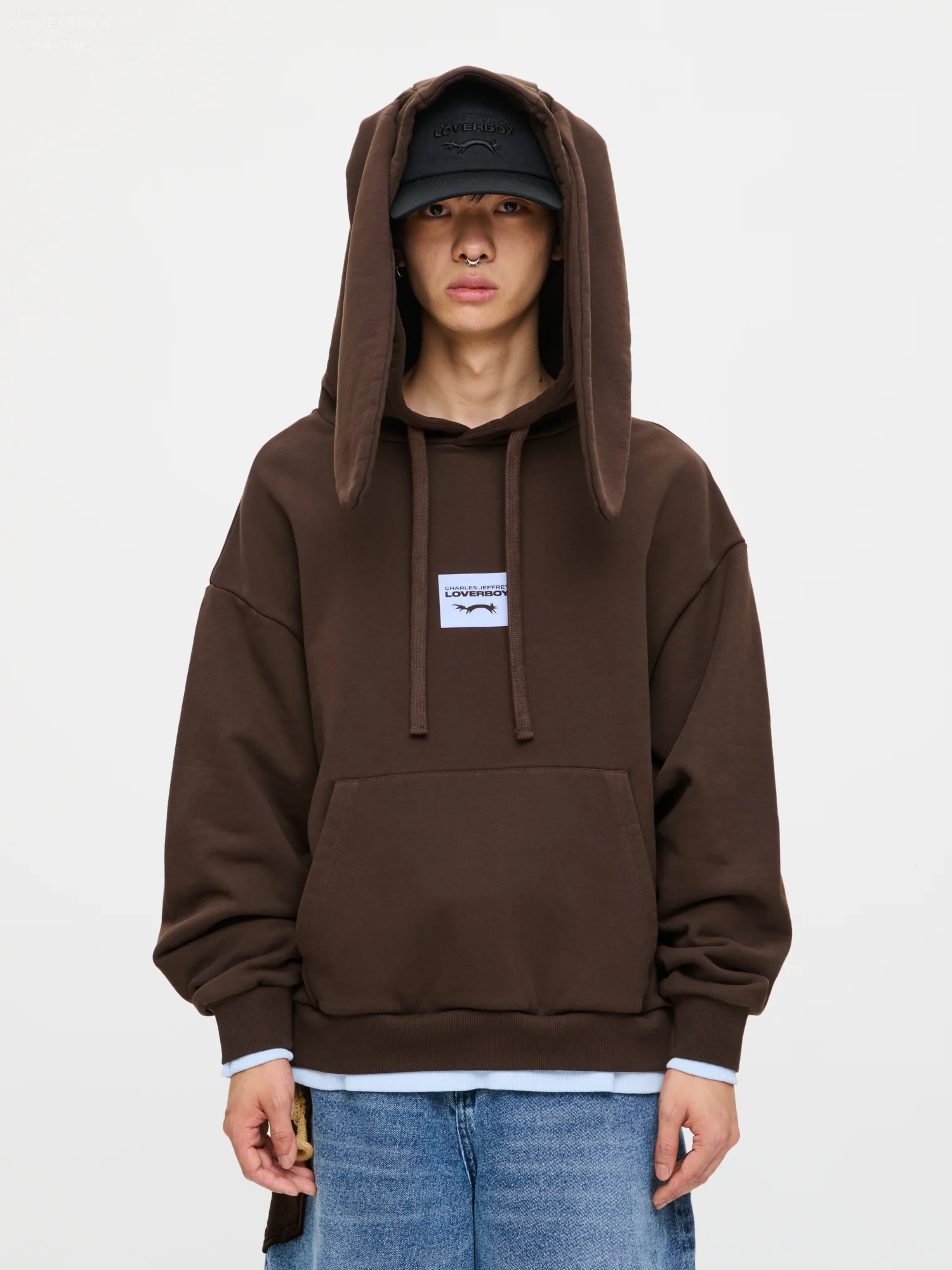RABBIT EARS HOODY in BROWN LIGHT BLUE - Image 5