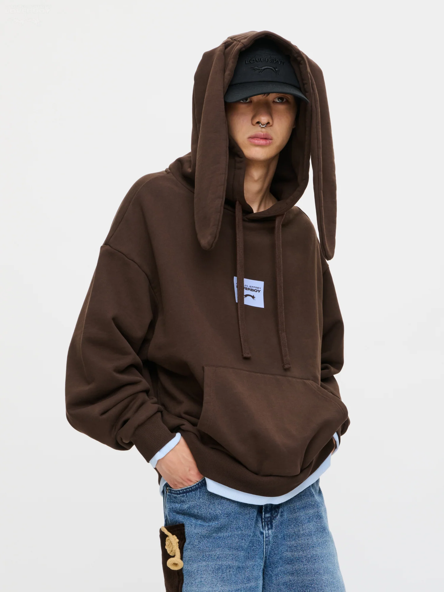 RABBIT EARS HOODY in BROWN LIGHT BLUE - Image 6