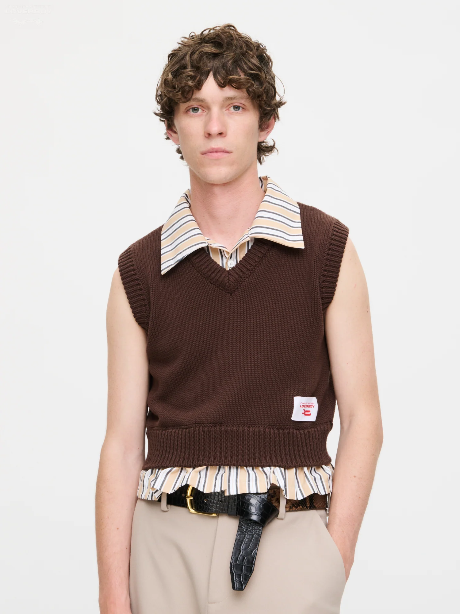 SMART CROPPED VEST in BROWN BEIGE STRIPE - Image 3